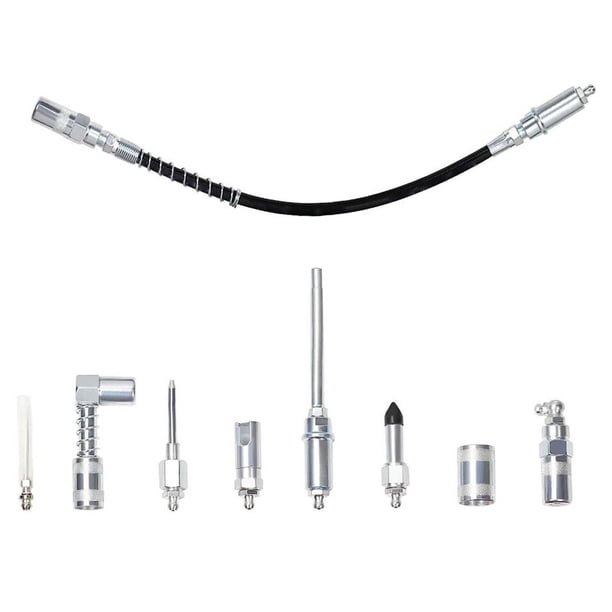 Juego de acopladores de grasa 9x Adaptadores de accesorios Zerk Aleación de acero resistente con manguera flexible Juego de conexión de accesorios de
