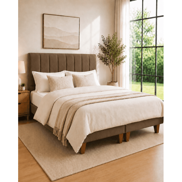 Cama 2 Plazas Completa Cafe | Base Europea + Colchón Excellense Plus 25CM + Respaldo Tapizado