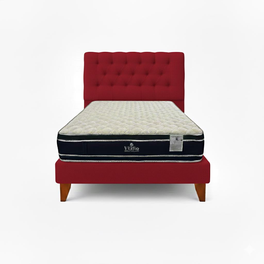 Vitelio - Cama 1.5 Plaza Rojo Capitone + Colchón Ortopedic