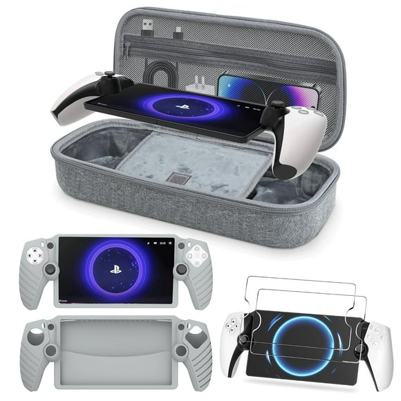 3 En 1 Juego De Accesorios para PlayStation Portal, Funda De Transporte De EVA, Funda Protectora De Silicona Suave, 2 Paquetes De Protectores De Pantalla, Accesorios PS5 Portal-Gris