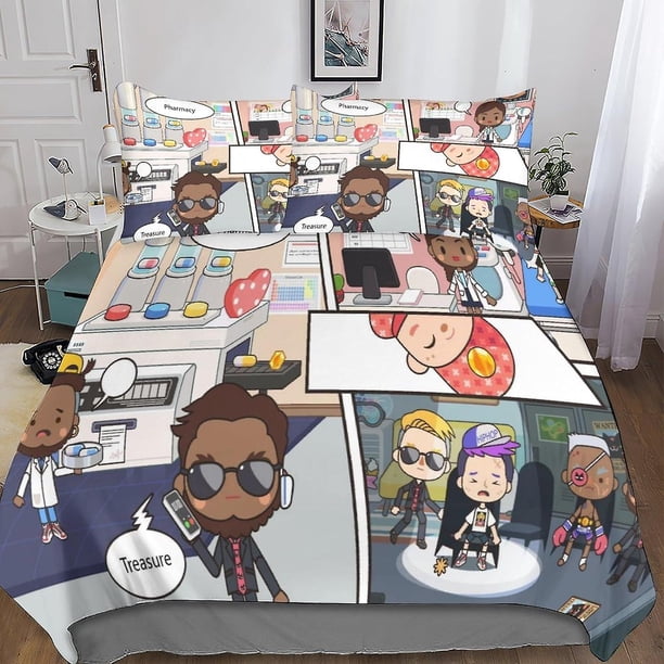 Juego de ropa de cama con funda nórdica y estampado 3D de Entemah Toca Life World, juego decorativo de 3 piezas con funda nórdica de animación adorable, funda de cama con funda de almohada.