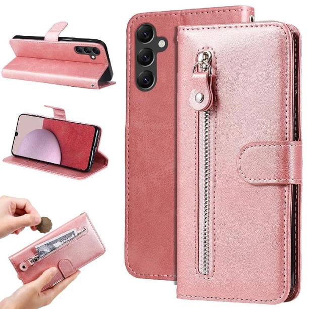 Funda tipo cartera para Samsung Galaxy A14 5G con bolsillo con cremallera y ranuras para tarjetas – Función de soporte Rosa