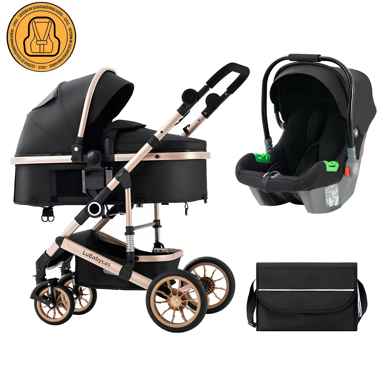 Coche Cuna Con Silla Nido Y Accesorios Lubabycas Negro