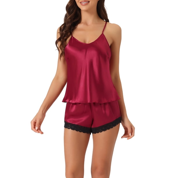 INSPIRE CHIC Conjunto de Pijama de Satén para Mujer sin Mangas con Escote en V con Encaje Cruzado en la Espalda y Pantalones Cortos Ropa de Dormir Sedosa S Rojo