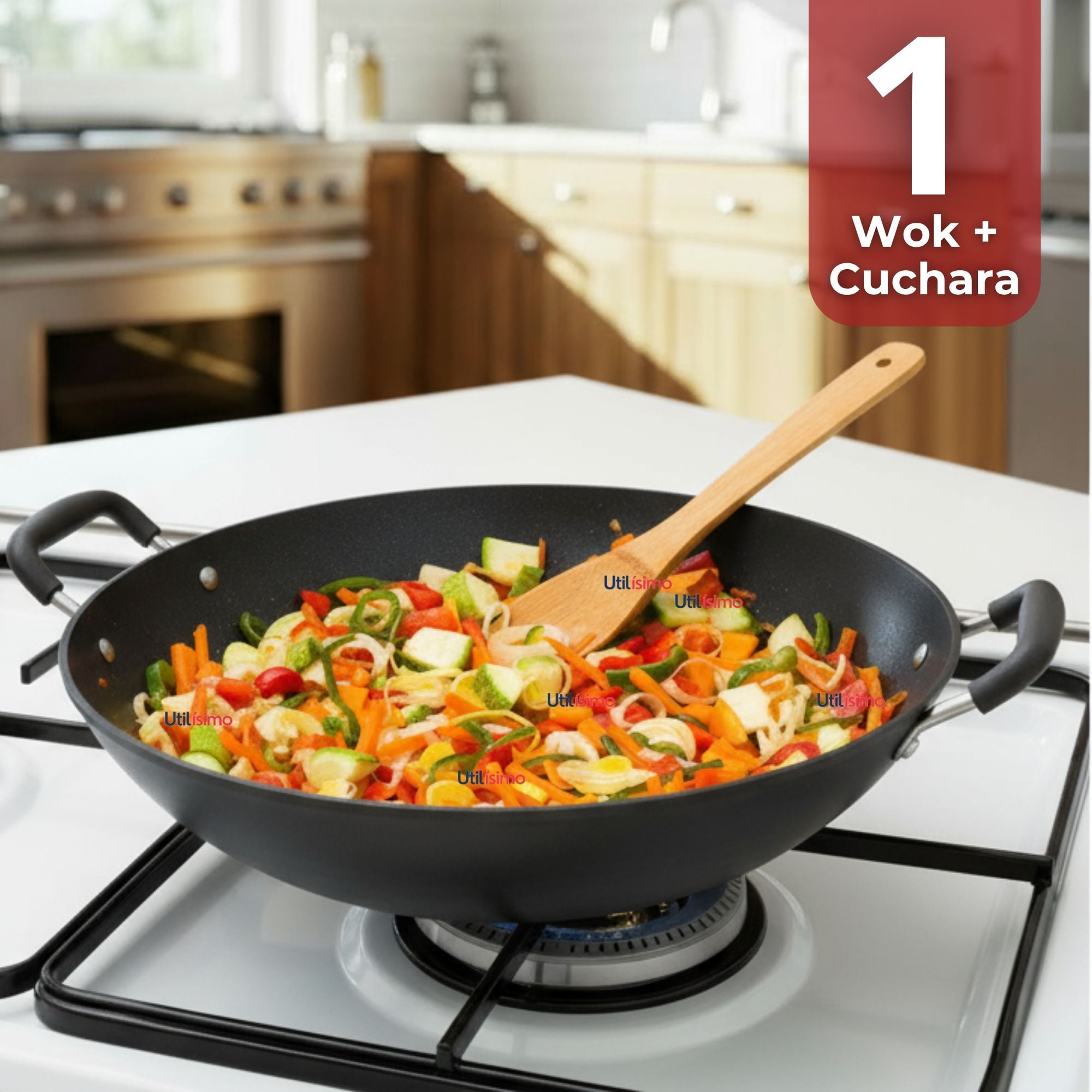 Line - Wok Chino Acero Inoxidable Antiadherente 34cm+ Cuchara De Madera De Bambú