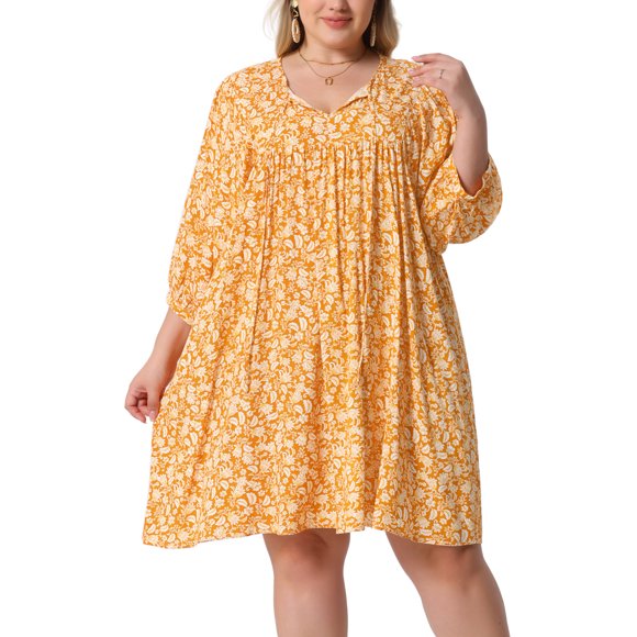 Agnes Orinda Vestido de Verano Talla Grande para Mujeres Escuelas Universidades con Cordón Cuello en V Babydoll Midi Flowy Vestidos Sundress 3X Naranja