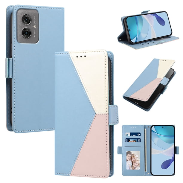 Cartera Plegable para Motorola Moto G55, PU Tricolor con Ranuras, Azul Claro