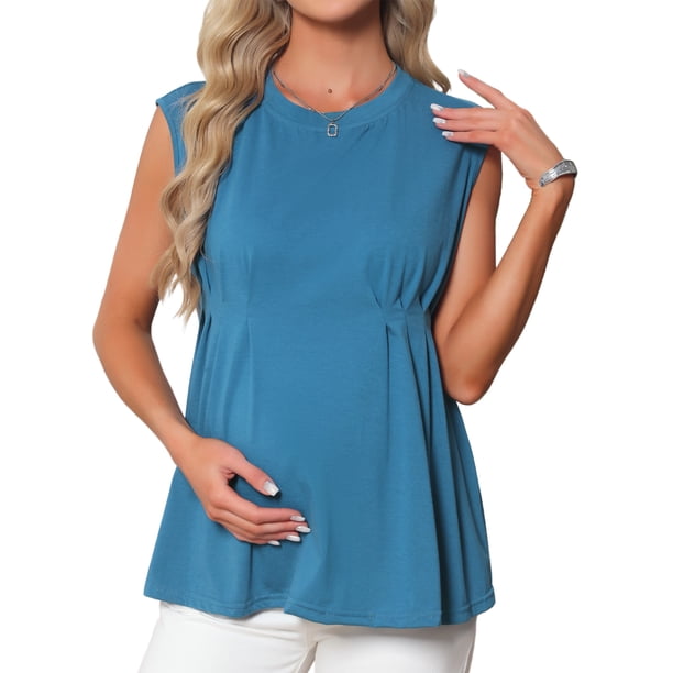 INSPIRE CHIC Blusas de Maternidad para Mujeres, Camisetas sin Mangas con Pliegues Peplum, Manga Corta, Camisa Casual Elegante para el Embarazo, M Azul Lago