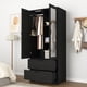 thumbnail image 2 of 2 Door Wood Wardrobe for Bedroom with Hanging Clothing Rod inside the Cabinet and 2 Drawers for Storage Organization, Built-in induction light Multifunctional Closet with Mirror, Black, 2 of 3