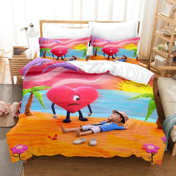 v298 Bed Sheets Bad Bunny Bedding Set,Duvet Cover Comforter Bed Set Quilt Cover Pillowcase,King Queen Twin Size Boys Girls Adults 3-Piece Bedding Set (1 Duvet Cover + 2 Pillow Shams) Bed Sheets ju298