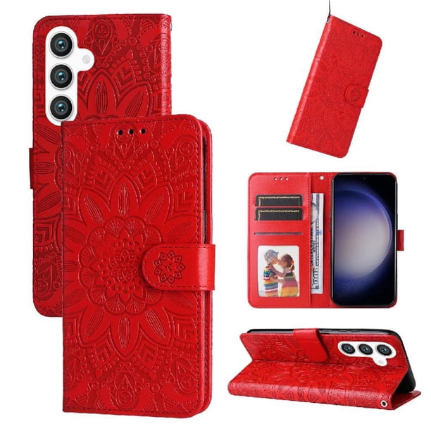 Funda tipo cartera FOXDOCK para Samsung Galaxy S24 , diseño girasol en relieve, cuero PU, cierre magnético, soporte y tarjetero