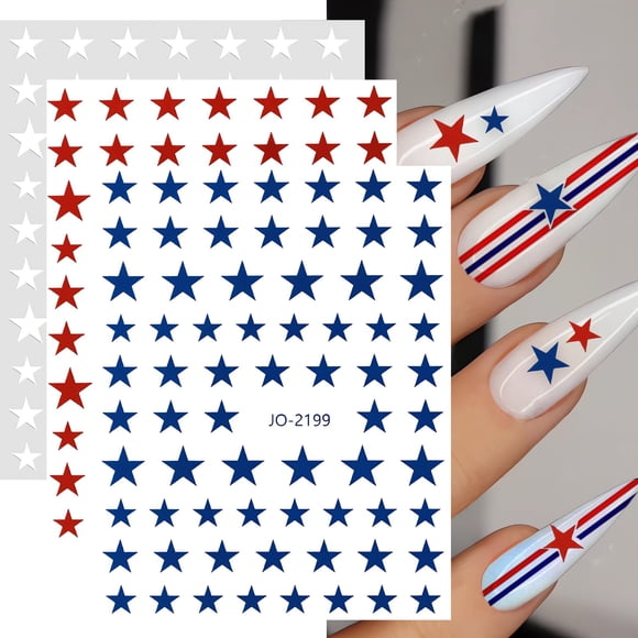 Pegatinas para Uñas COKSDUPID 6 Hojas Estrellas Rojas, Azules y Blancas
