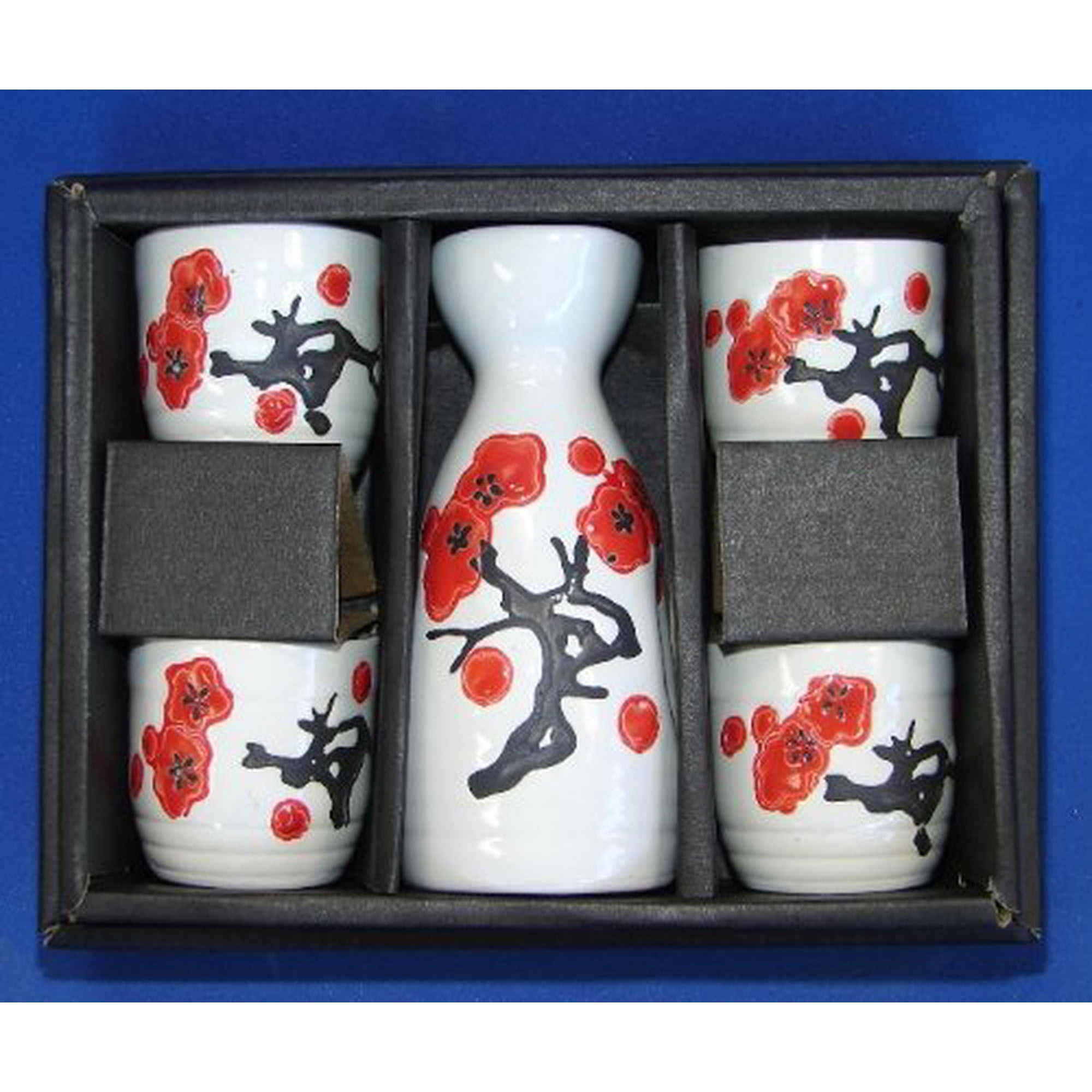 Set De Sake Feng Shui Import De Cerámica Blanca Con Imágenes De Ciruela Roja