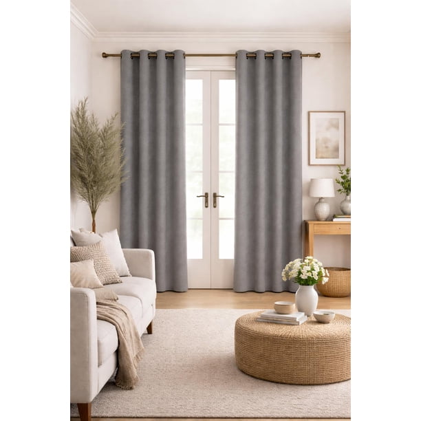 Cortina de Tela Tipo Lino 100% Blackout Engomada 2 Paños gris