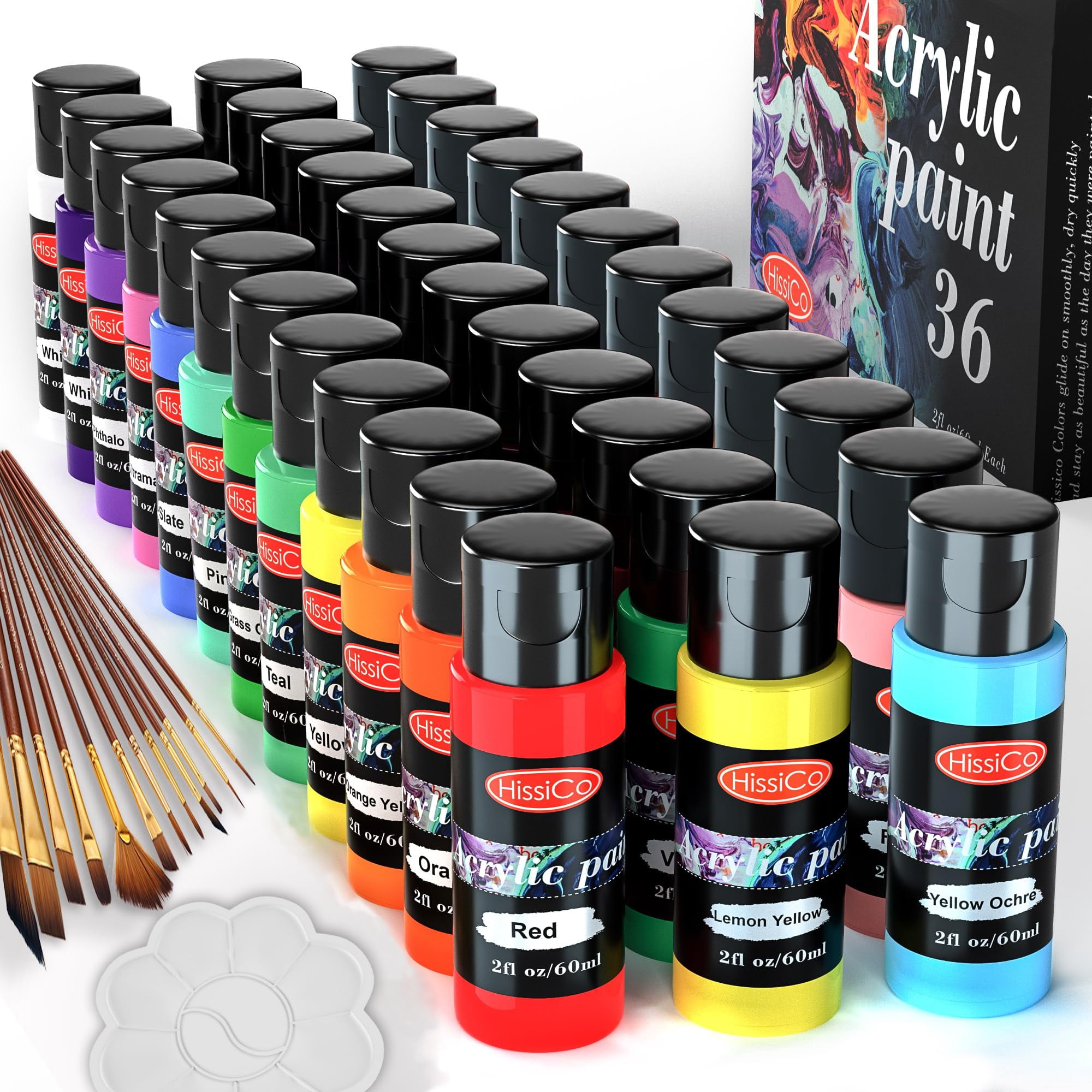Hissco Art - Set De Pintura Acrílica Hissico 36 Colores Botellas De 60 Ml No Tóxicas