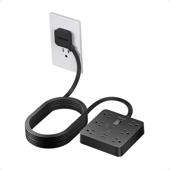 Regleta TESSAN 4,5 m con enchufe plano negro y USB‑C