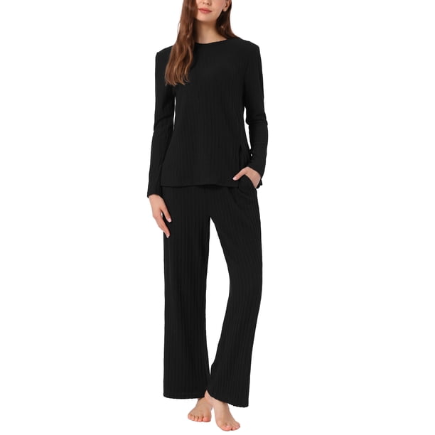 INSPIRE CHIC Conjunto de Pijamas para Mujer Cuello Redondo Manga Larga Ropa de Dormir Suave Pijamas Ropa de Casa con Bolsillo XS Negro