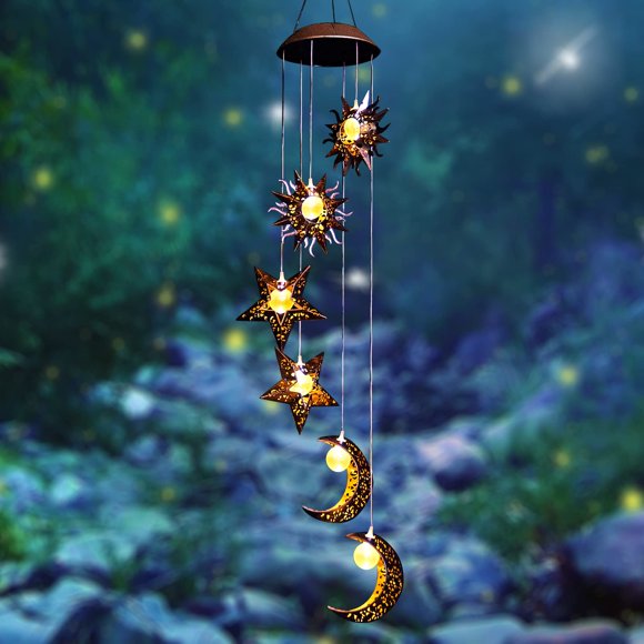 Campanillas de viento solares Tryme con sol, luna y estrella para exterior