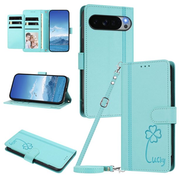 Funda Cartera Trébol para Google Pixel 11 Pro XL con Ranuras Tarjetas y Carga Inalámbrica Verde menta