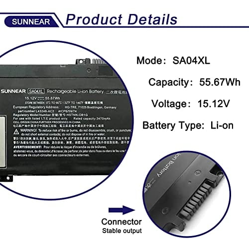 SUNNEAR SA04XL L43267-005 Reemplazo de Batería para Laptop HP Envy X360 15-DR 15-DS 15M-DR 15M-DS 15Z-DS 15T-DS 15T-DR 17-CG 17M-CG 17T-CG 15-dr1xxx 15m-ds0011dx 15m-dr0012dx Serie L43248-541 HSTNN-OB