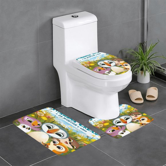 Roca Puffin Juego de 3 alfombras de baño de coral fleece: tapete de baño + alfombra de inodoro en forma de U + funda de tapa de inodoro en forma de O