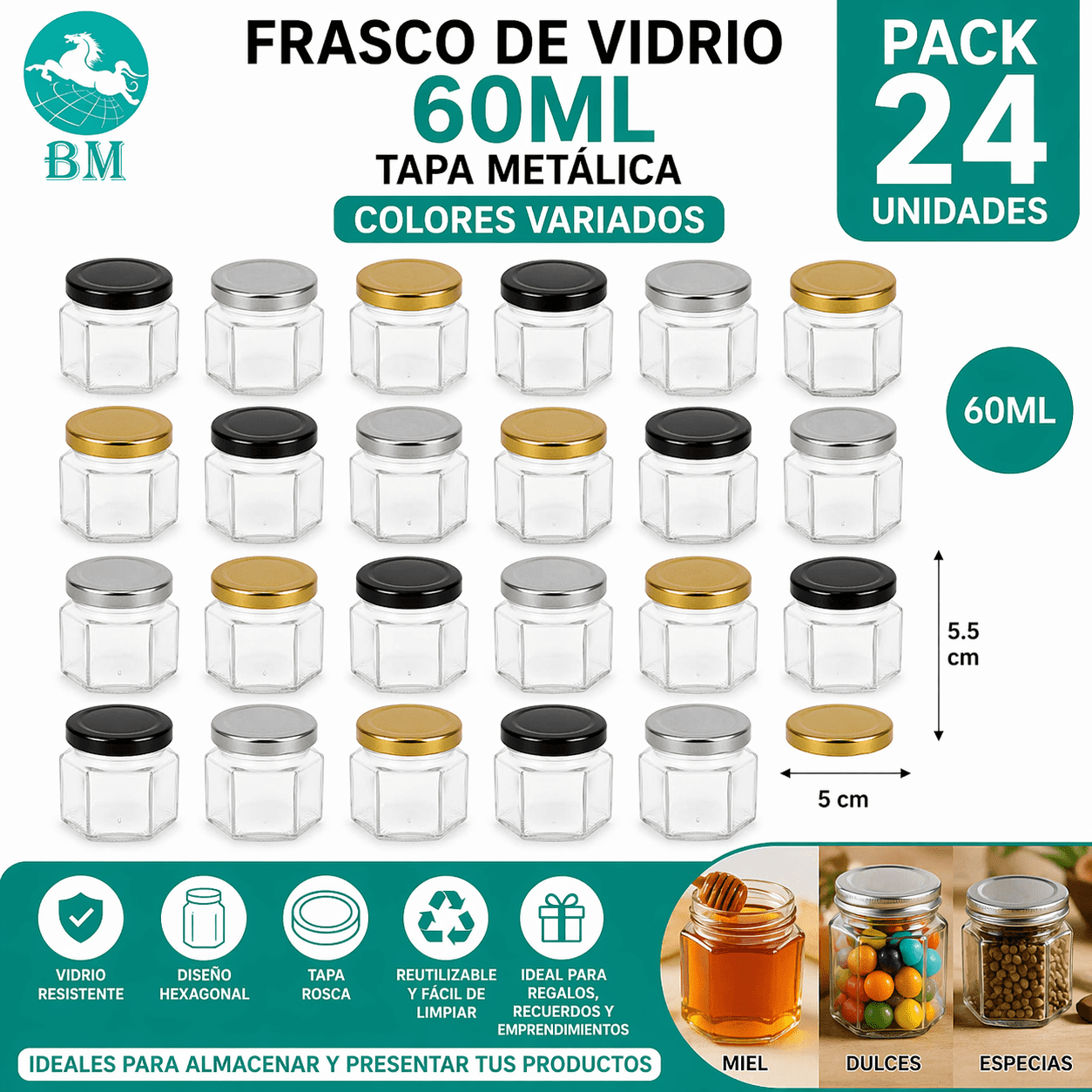 Baima - Frasco De Vidrio 60 Ml Hexagonal Con Tapa Metálica Colores Variados Pack De 24 Unidades