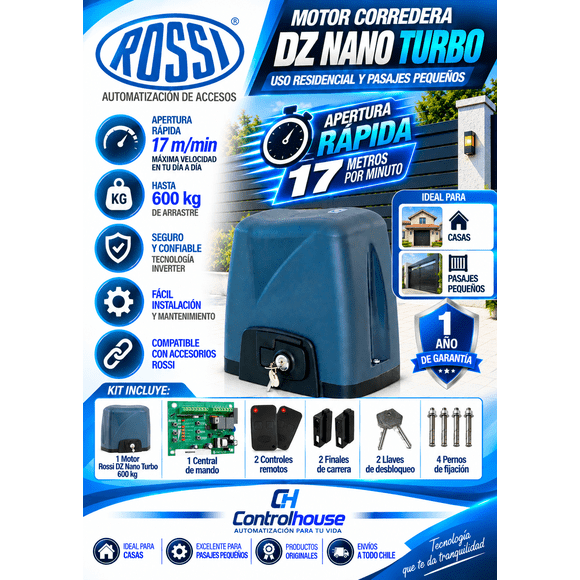 Kit Portón Eléctrico Rossi DZ Nano Turbo 600 Kg. MOTOR