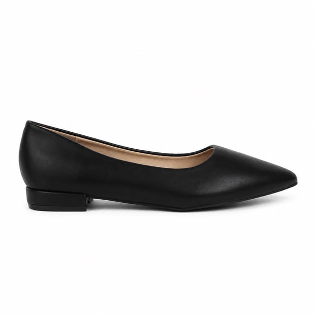 Ballerina Mujer Negra Punta Fina Ecocuero Taco Bajo 0869A