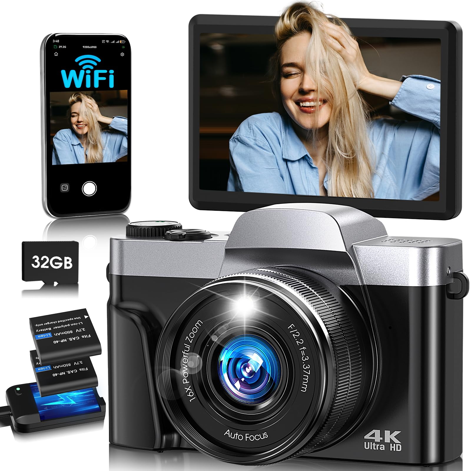 Cámara Digital Bofypoo 64mp 4k Wifi 180° Con Pantalla Abatible Negra