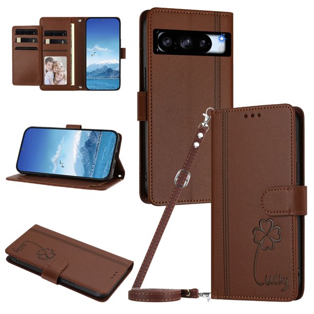 Funda Cartera Trébol para Google Pixel 8 Pro con Ranuras Tarjetas y Carga Inalámbrica Marrón