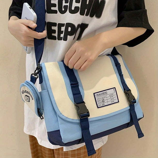 Vintage Preppy Style Messenger Bag, Large Capacity Crossbody Bag, Buckle Decor Flap Shoulder Bag