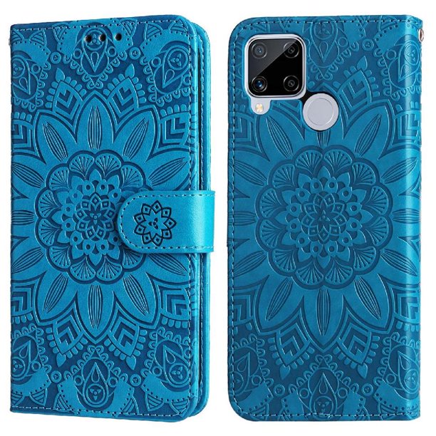 Funda tipo cartera FOXDOCK para Realme C12 , diseño girasol en relieve, cuero PU, cierre magnético, soporte y tarjetero