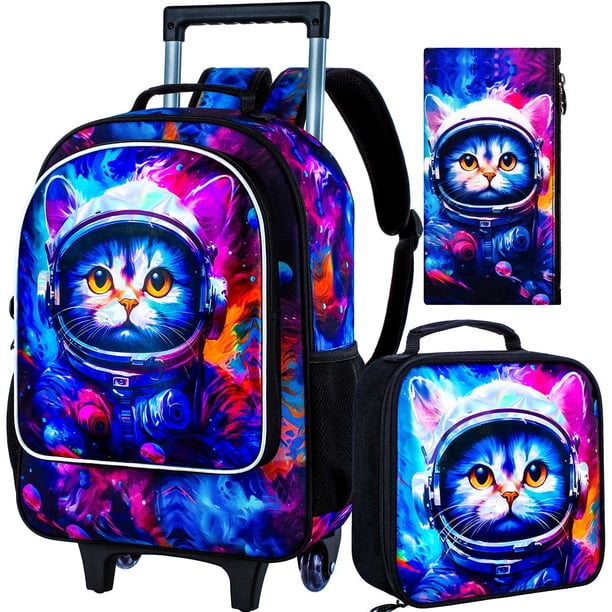 Kids Rolling Backpack, Boys Roller Wheels Bookbag, Wheeled Elementary School Bag with Lunch Bag - Space Cat