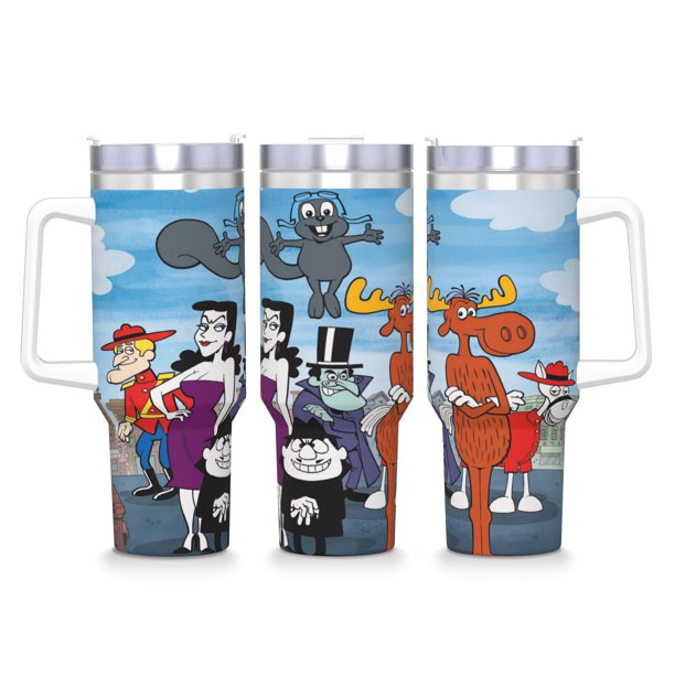 El Show de Rocky y Bullwinkle Vaso aislado de acero inoxidable con asa, diseño temático, regalo para familia, amigos y fans; incluye pajita y encaja en el portavasos estándar, 40 oz