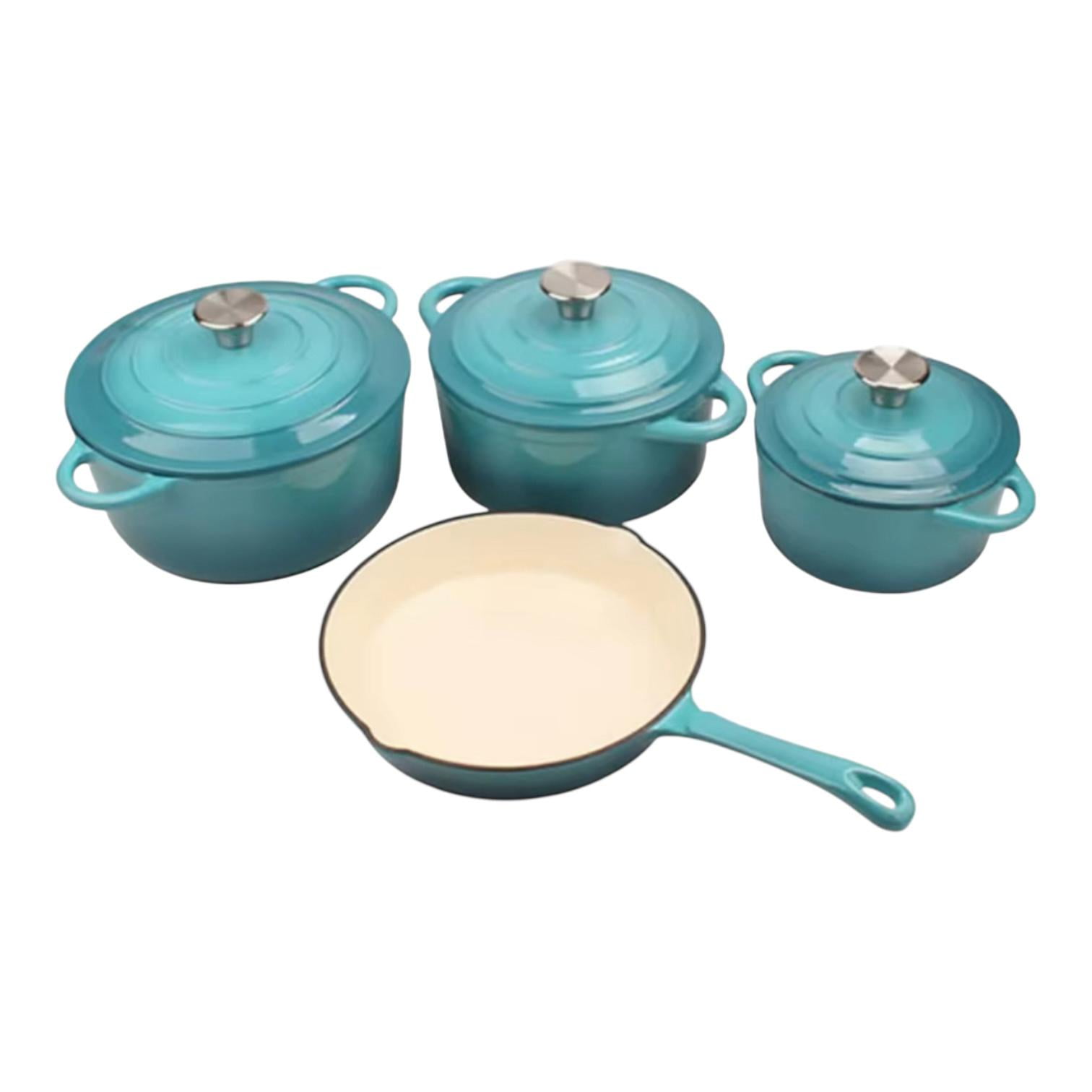 Soloferta - Juego De Ollas Y Sartén De Hierro Fundido Esmaltado Antiadherente Turquesa
