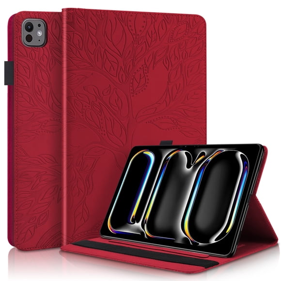 Funda con relieve del Árbol de la Vida para tablet ipad Pro 13(2024) con soporte, ranuras para tarjetas y soporte para lápiz óptico. Rojo
