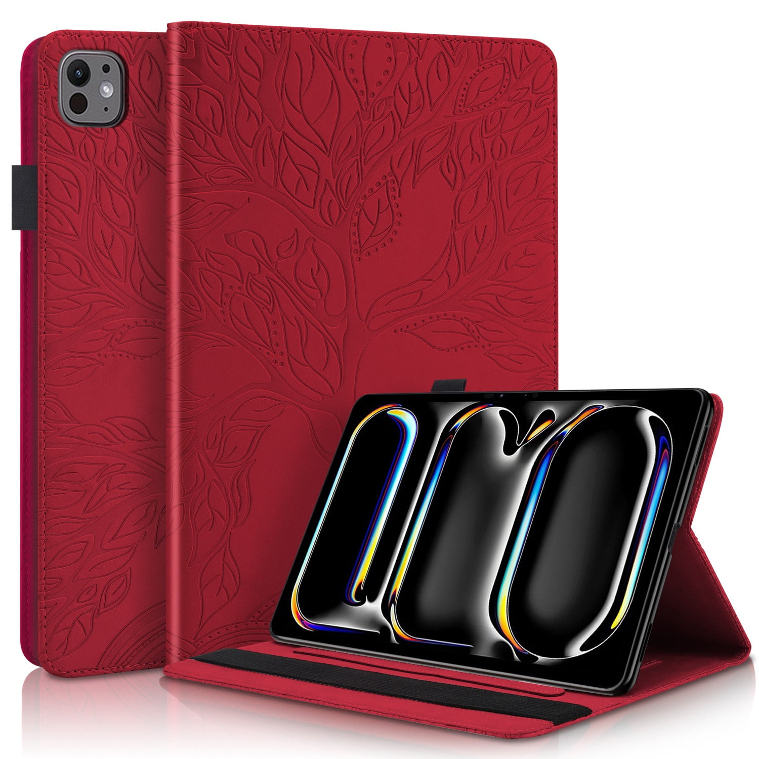 Foxdock - Funda Con Relieve Del Árbol De La Vida Para Tablet Ipad Pro 11(2024) Con Soporte, Ranuras Para Tarjetas Y Soporte Para Lápiz Óptico. Rojo