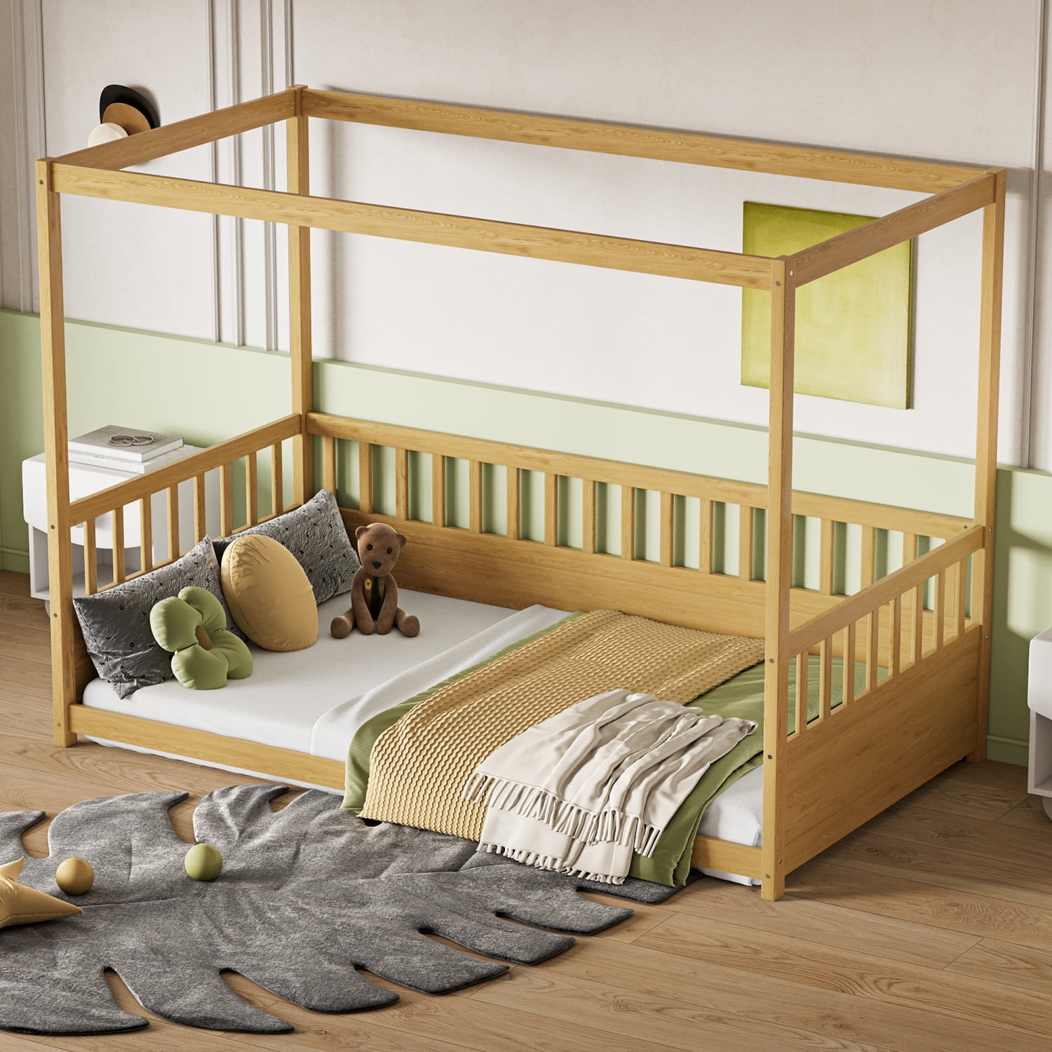 Twin Size Canopy Bed Frame with Guardrails for Kids,Floor Bed Twin with ...