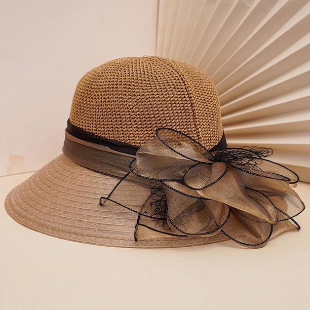 Women's Wide Brim Straw Bucket Hat with Floral Mesh Fascinator for Church, Weddings, and Beach Sun Protection - Perfect Valentine's Gift