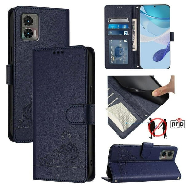 Funda tipo cartera FOXDOCK para Motorola Edge 30 NEO con soporte, ranuras, RFID, diseño de gato