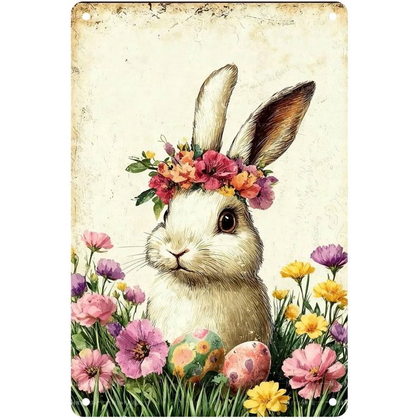 Letrero estaño conejo Pascua retro conejo vintage metal hogar jardín sala decoración pared Pascua 20x30cm