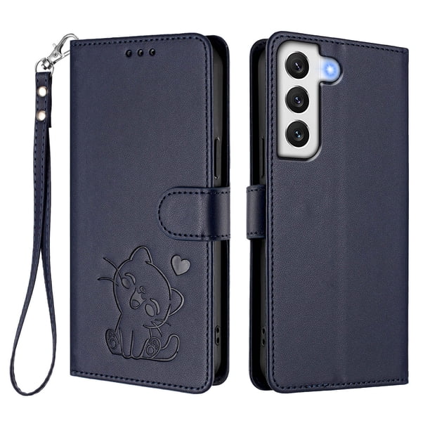 Funda Billetera con Relieve de Gato para Samsung Galaxy S22 5G, Azul