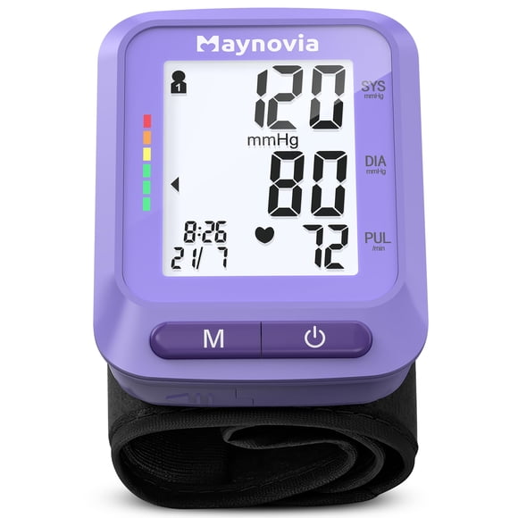 Monitor de presión arterial de muñeca Maynovia con pantalla LCD morada 13,5‑21,6 cm