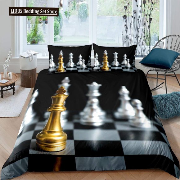 x2523 Bed SheetsChess Duvet Cover Set Chess Sports Games Bedding Sets Buffalo Plaid Check Comforter Cover Flowers Checkerboard Quilt Cover 3-Piece Bedding Set (1 Duvet Cover + 2 Pillow Shams) nj2523