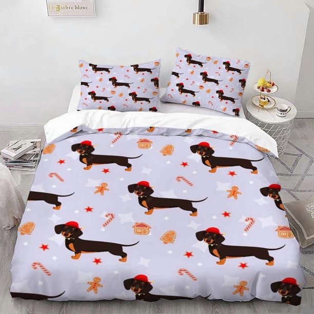 Christmas Dachshund Theme Bedding Set | Includes 1 Duvet Cover and 2 Pillowcases Soft and Comfortable