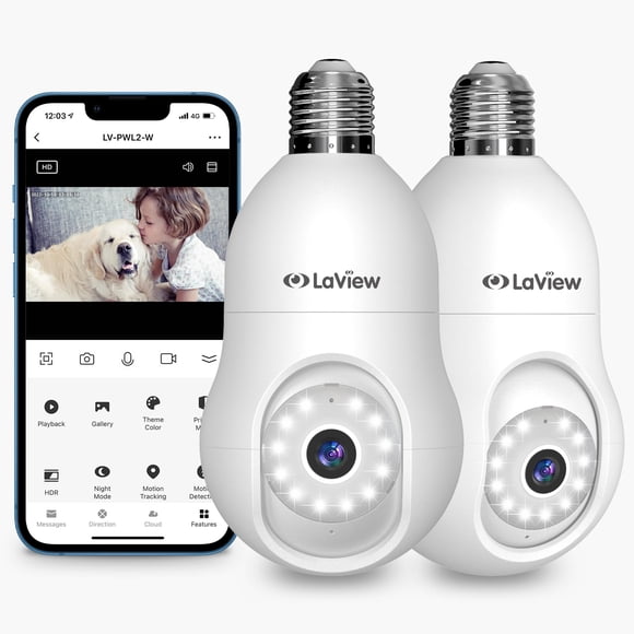 Cámara de seguridad LaView de 4 MP, bombilla 2K inalámbrica para exteriores, paquete de 2
