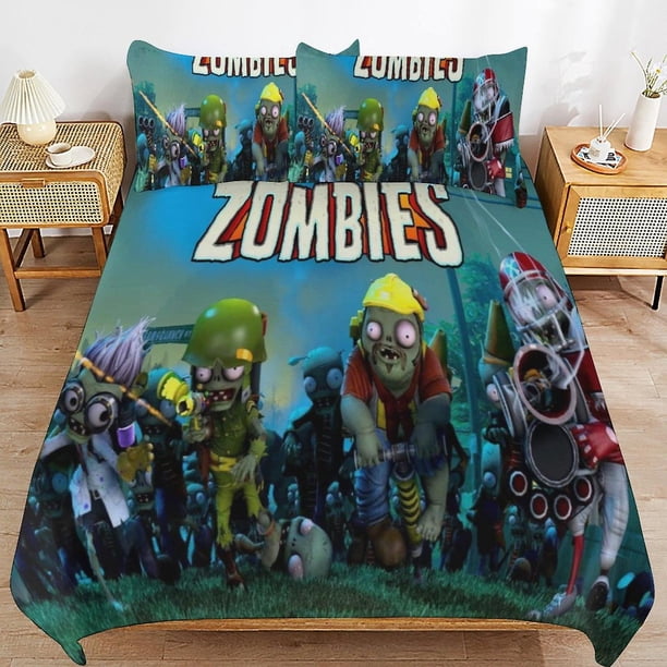 Juego de ropa de cama de Plants vs Zombies, funda nórdica, edredón, suave, decoración de dormitorio, regalos para niños, niñas, adolescentes, niños, 3 piezas con 1 funda nórdica.