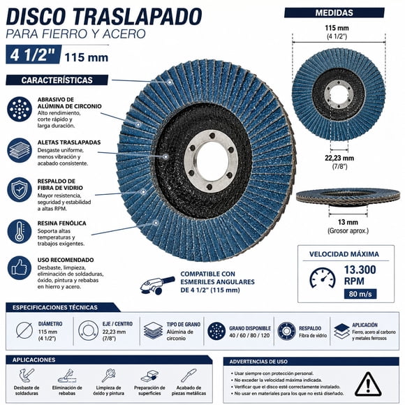 Pak 10 Disco Lija Traslapado Flap Metal P40 115mm 13600rpm Negro Azul