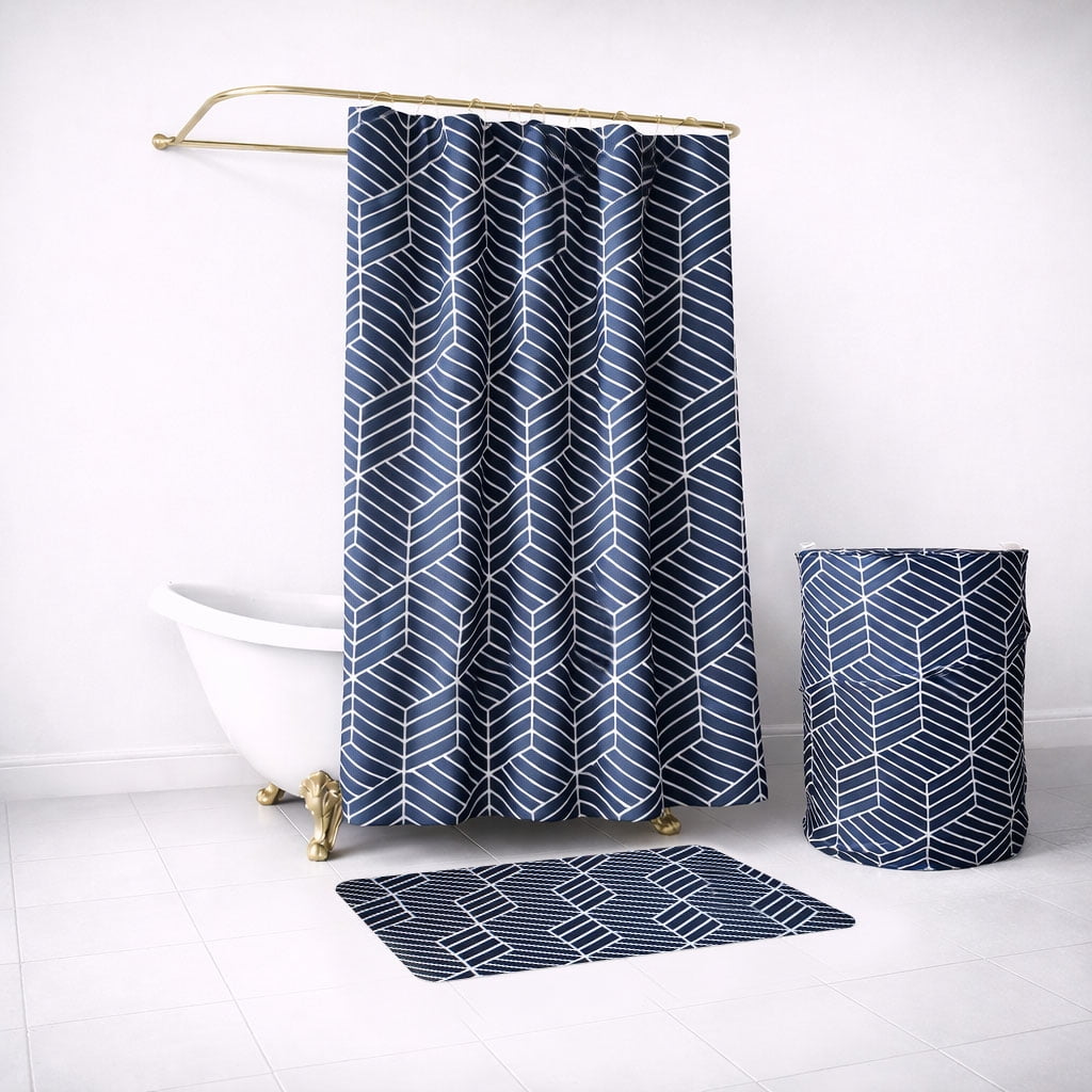 Set Para Baño Nautica Home Cortina+alfombra+cesta Diseño Azul