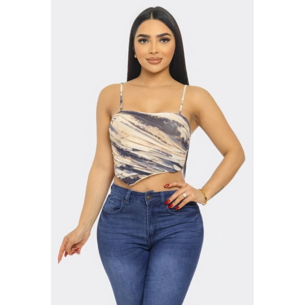 Top Corto Elástico Con Tirantes Ajustables Y Estampado De Malla Marrón Multi (para Mujer)